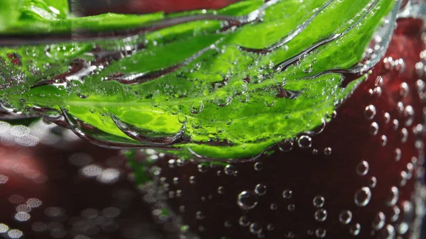 Zdjęcie dojrzałej wiśni w szklance z wodą gazowaną i miętową — Zdjęcie stockowe