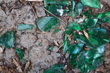 Yerde kırık yeşil camların fotoğrafı.