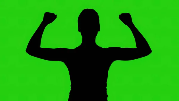 Kvinna silhuett med händerna upp på grön bakgrund — Stockfoto