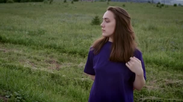 Filmato di giovane donna con capelli sciolti in campagna durante il tramonto — Video Stock