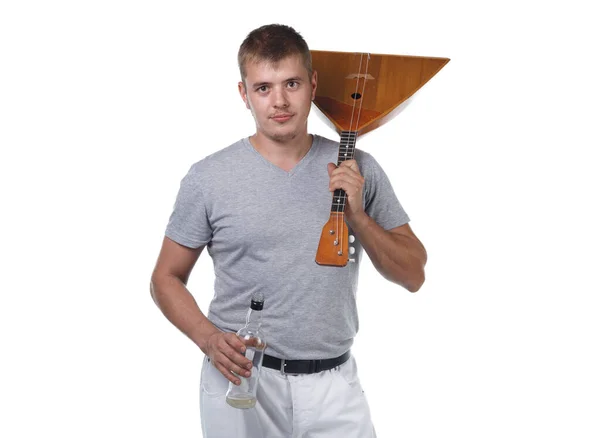 Imagen del hombre cerda con balalaika y botella de vidrio — Foto de Stock