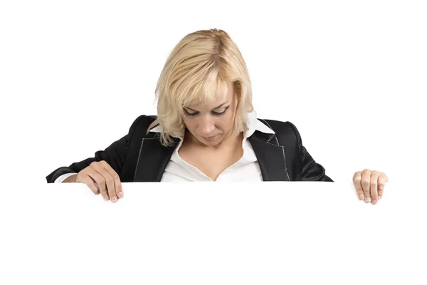 Businesswoman looking down, horizontal billboard — Stock Photo, Image