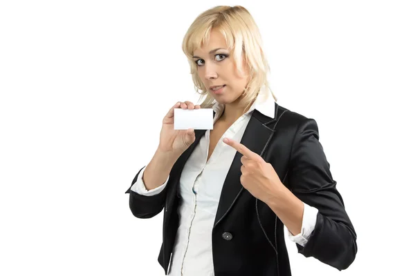 Portrait of businesswoman showing at visit card — Stock Photo, Image