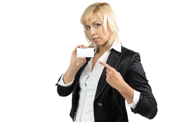 Portrait of businesswoman showing at visit card Stock Photo