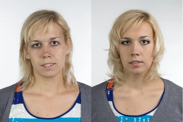 Portrait de femme avant et après maquillage — Photo