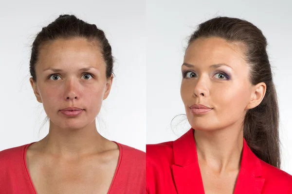 Портрет молодой женщины до и после макияжа Стоковая Картинка