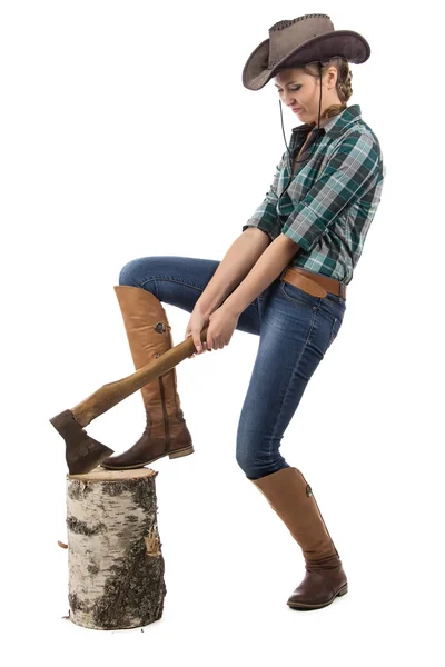 Image of young woman chops wood in profil — Stock Photo, Image