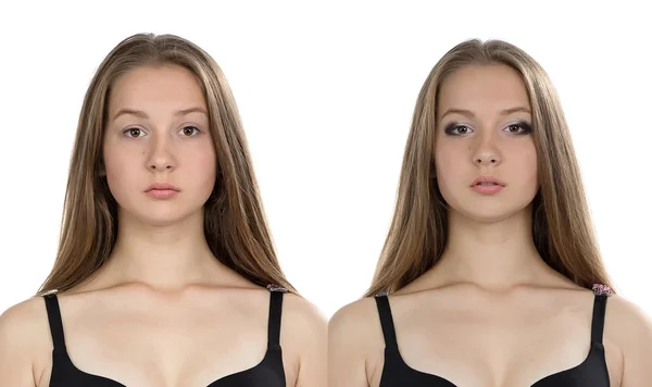 Фото девушки до и после макияжа — стоковое фото