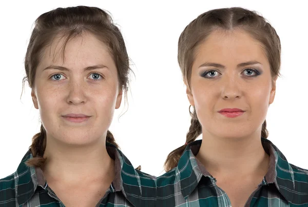 Foto van jonge vrouw voor-na make-up — Stockfoto