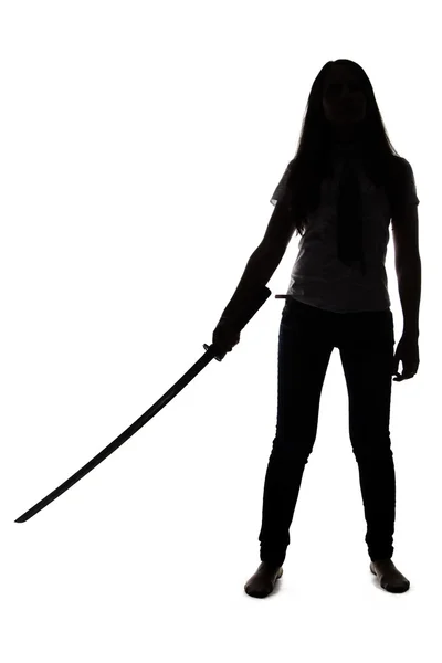 Silhouette of woman with sword — Stock Photo, Image