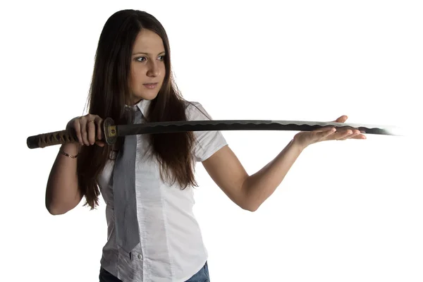 Photo of young woman looking at blade — Stock Photo, Image