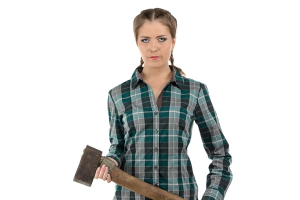 Portrait of serious woman with axe — Stock Photo, Image