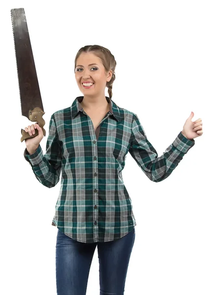 Portrait of young woman with the hand saw — Stock Photo, Image