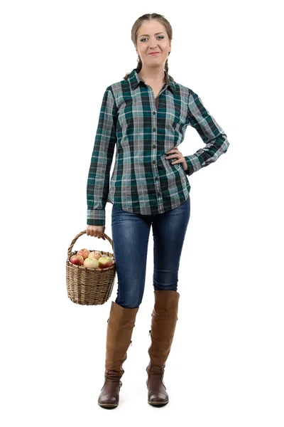 Photo of woman holding basket with apples — Stock Photo, Image