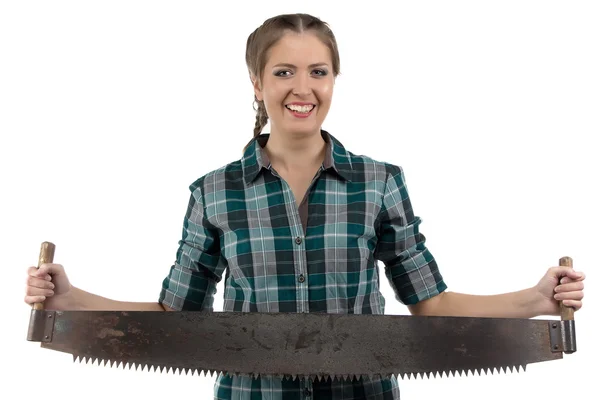 Foto de mulher sorridente com a serra de mão — Fotografia de Stock