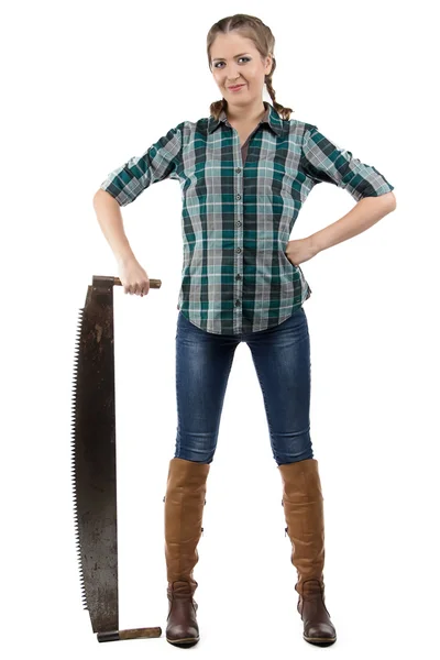 Portrait of farmer woman with the hand saw — Stock Photo, Image