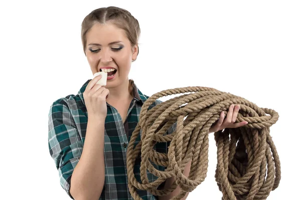 Portret van een jonge vrouw met de zeep en bindgaren — Stockfoto