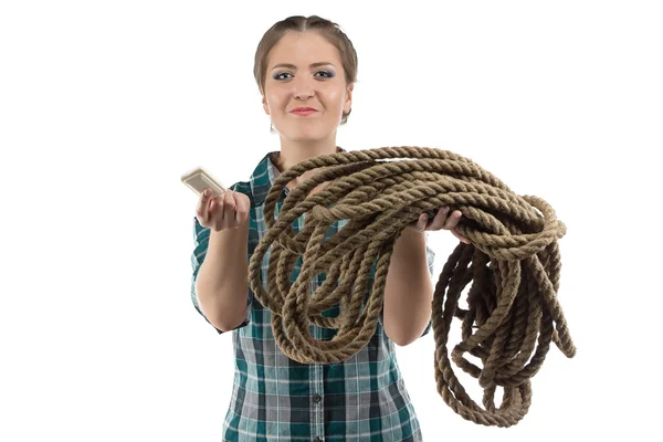 Imagem de mulher positiva com o sabão e o cordel — Fotografia de Stock