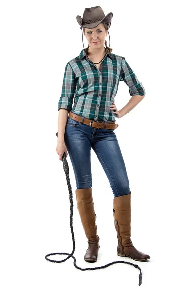 Photo of smiling cowgirl with the whip — Stock Photo, Image