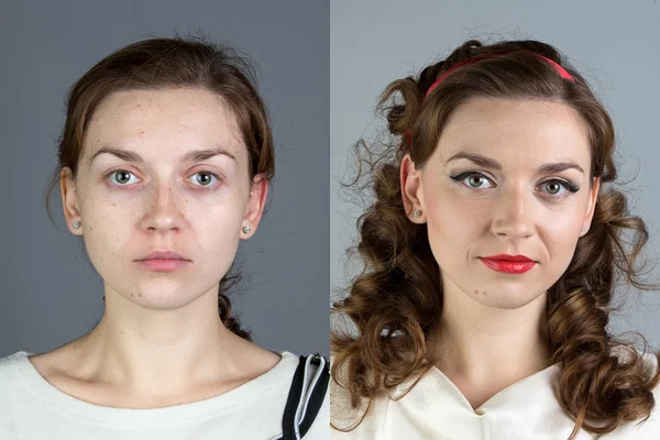 Porträt einer jungen Frau vor und nach dem Make-up — Stockfoto