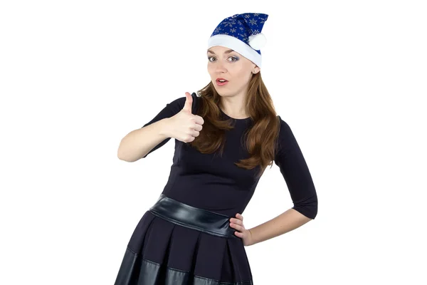 Immagine di donna in cappello di Natale con pollice — Foto Stock