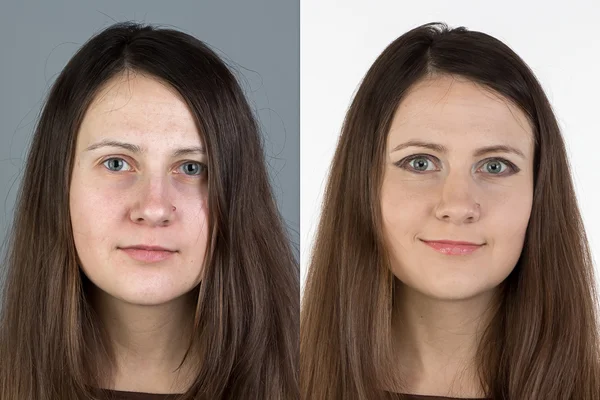 Foto van jonge vrouw vóór en na de make-up — Stockfoto