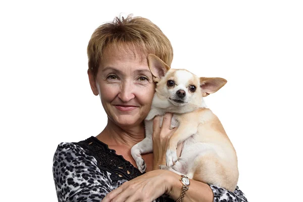 Portret van de oude vrouw met kleine hond — Stockfoto