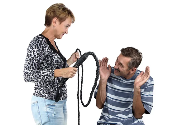 Photo of the old angry wife with whip — Stock Photo, Image