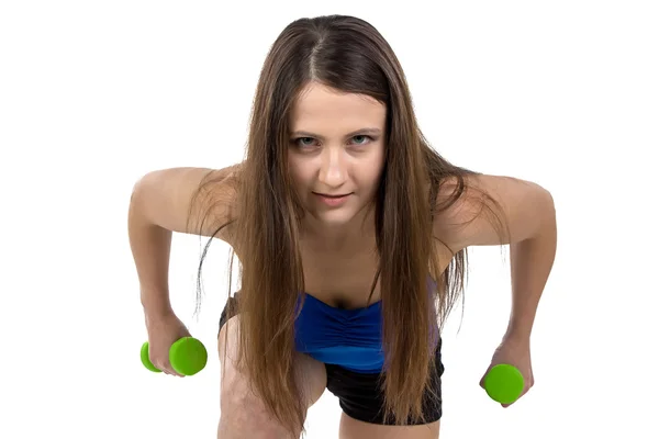 Portrait of sporty woman with dumbbells — Stock Photo, Image