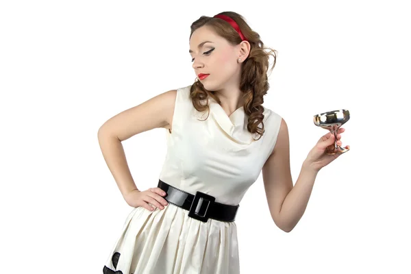 Photo of woman looking down with metal snifter — Stock Photo, Image