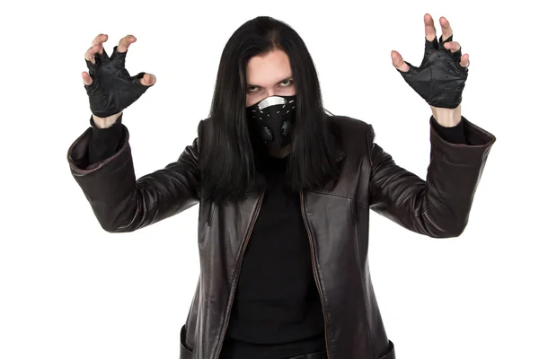 Photo of man in mask with open hands — Stock Photo, Image