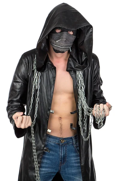 The man dressed in hooded cloak with chain — Stock Photo, Image