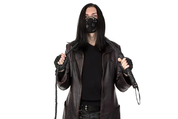 Image of the young man with whip in mask — Stock Photo, Image