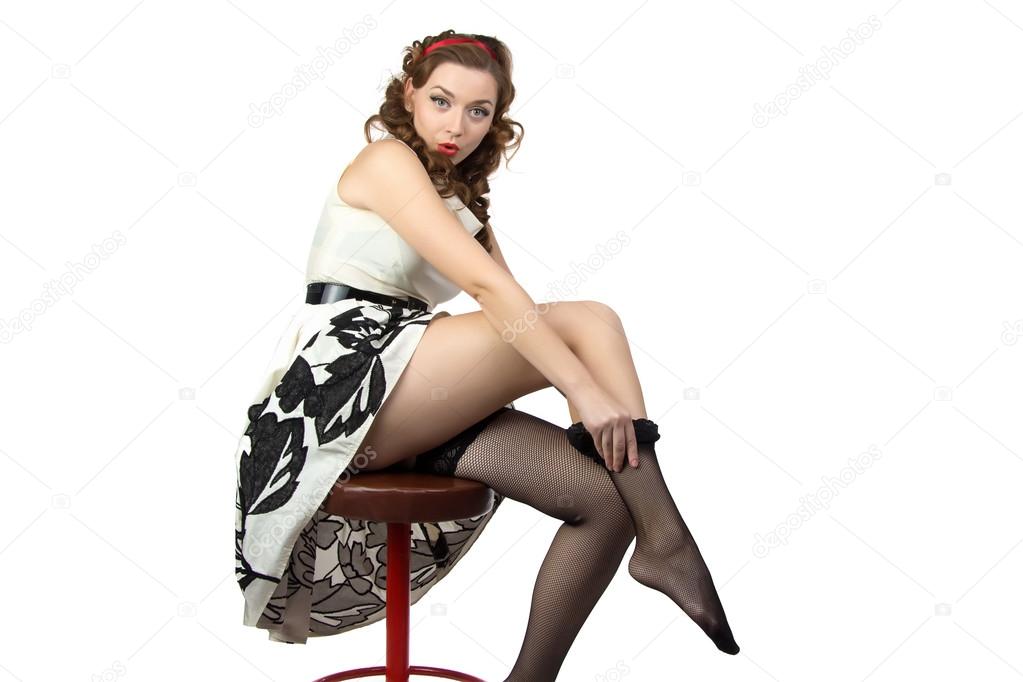 Photo of the surprised woman wearing stockings