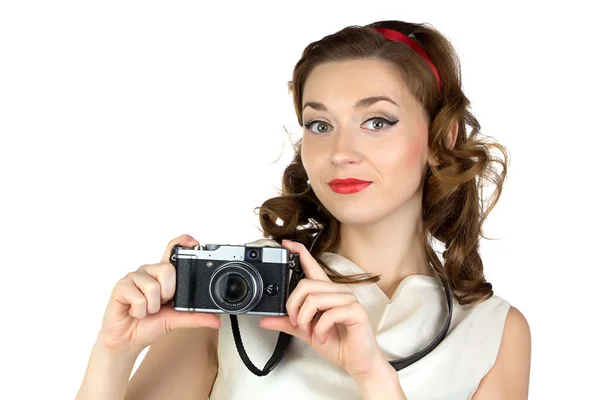 Portrait of the cute woman with camera — Stock Photo, Image