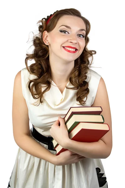 Изображение улыбающейся женщины с книгами — стоковое фото