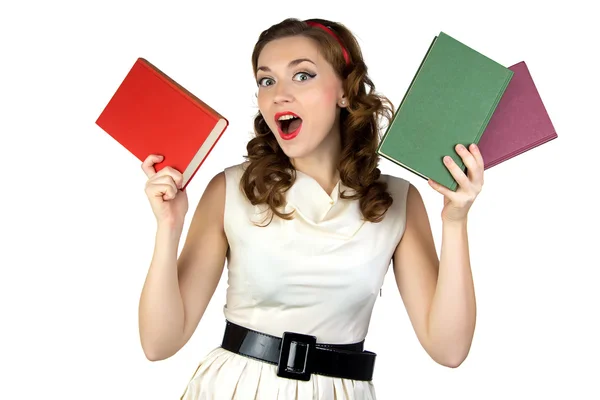 Portrait of the pinup woman with books — Stock Photo, Image