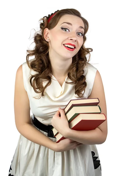 Portret van de lachende vrouw met boeken — Stockfoto