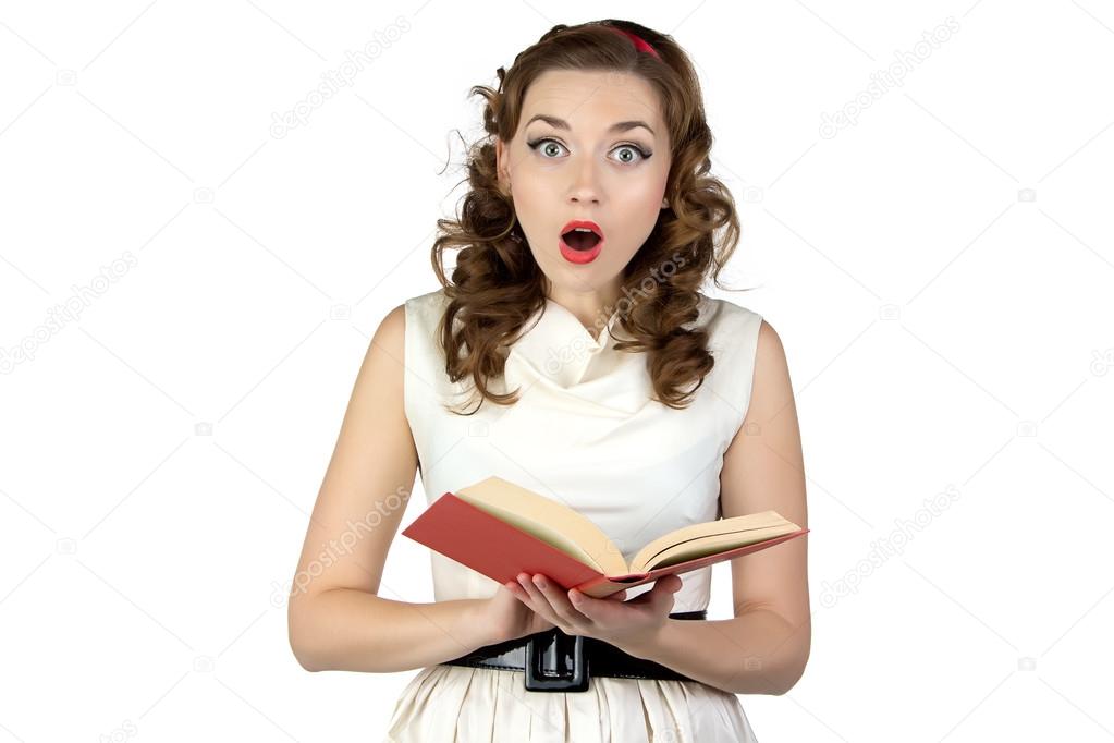 Photo of  surprised pinup woman reading book