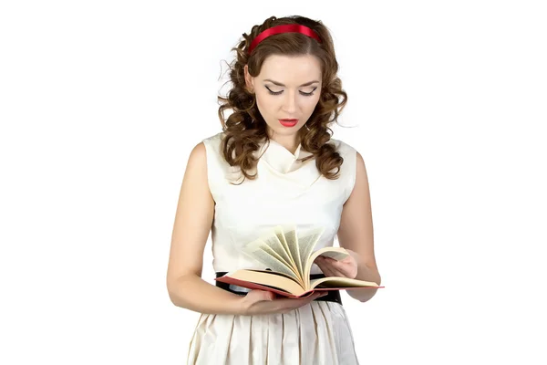 Portrait of pinup woman reading book — Stock Photo, Image