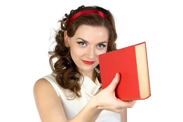 Photo of pinup woman offering the book — Stock Photo, Image