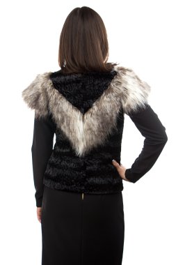 Siyah kürk yelek arka kadında fotoğraf