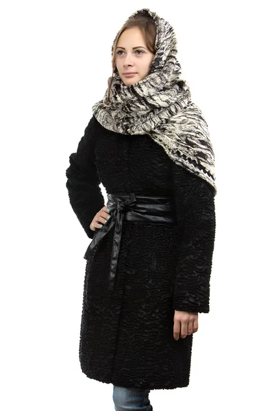 Photo of the young woman in black fur coat — Stock Photo, Image