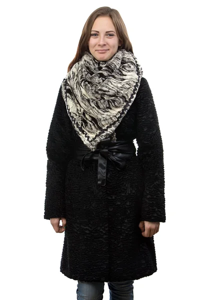Foto der jungen lächelnden Frau im Wintermantel — Stockfoto
