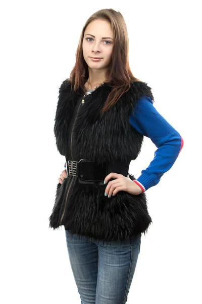 Photo of the young woman in fur waistcoat — Stock Photo, Image