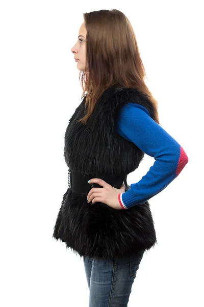 Photo of young woman in fur waistcoat - profile — Stock Photo, Image