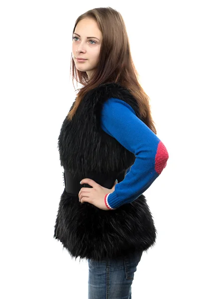 Photo of the young woman in fake fur waistcoat — Stock Photo, Image