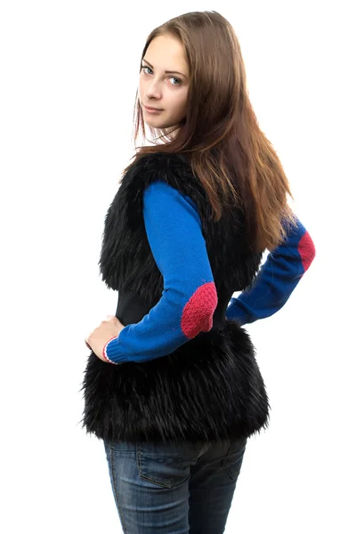 Image of woman in fake fur waistcoat from the back — Stock Photo, Image