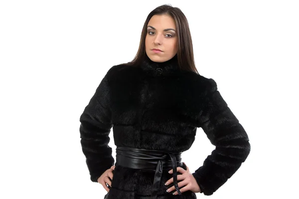 Photo of the serious brunette in fur coat — Stock Photo, Image