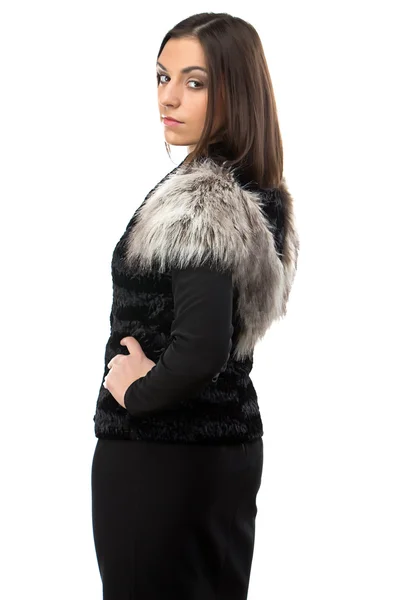 Portrait woman in fur waistcoat from the back — Stock Photo, Image